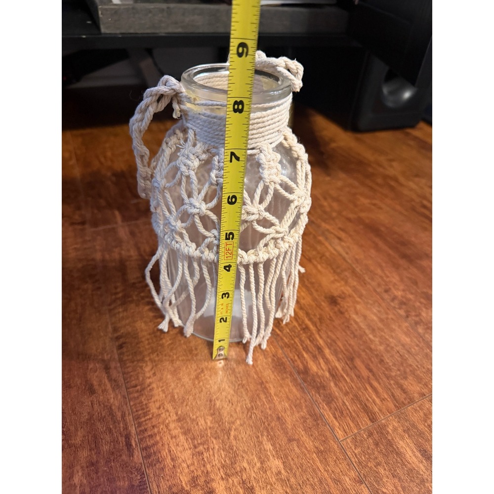 Boho Macrame Glass Bottle Vase Hanging Cream Fringed Decorative Accent 8.5in